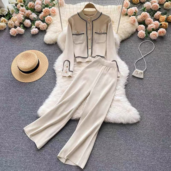 Damen elegantes Strick-Loungewear-Set mit feinen Knopfdetails und weitem Bein Drune