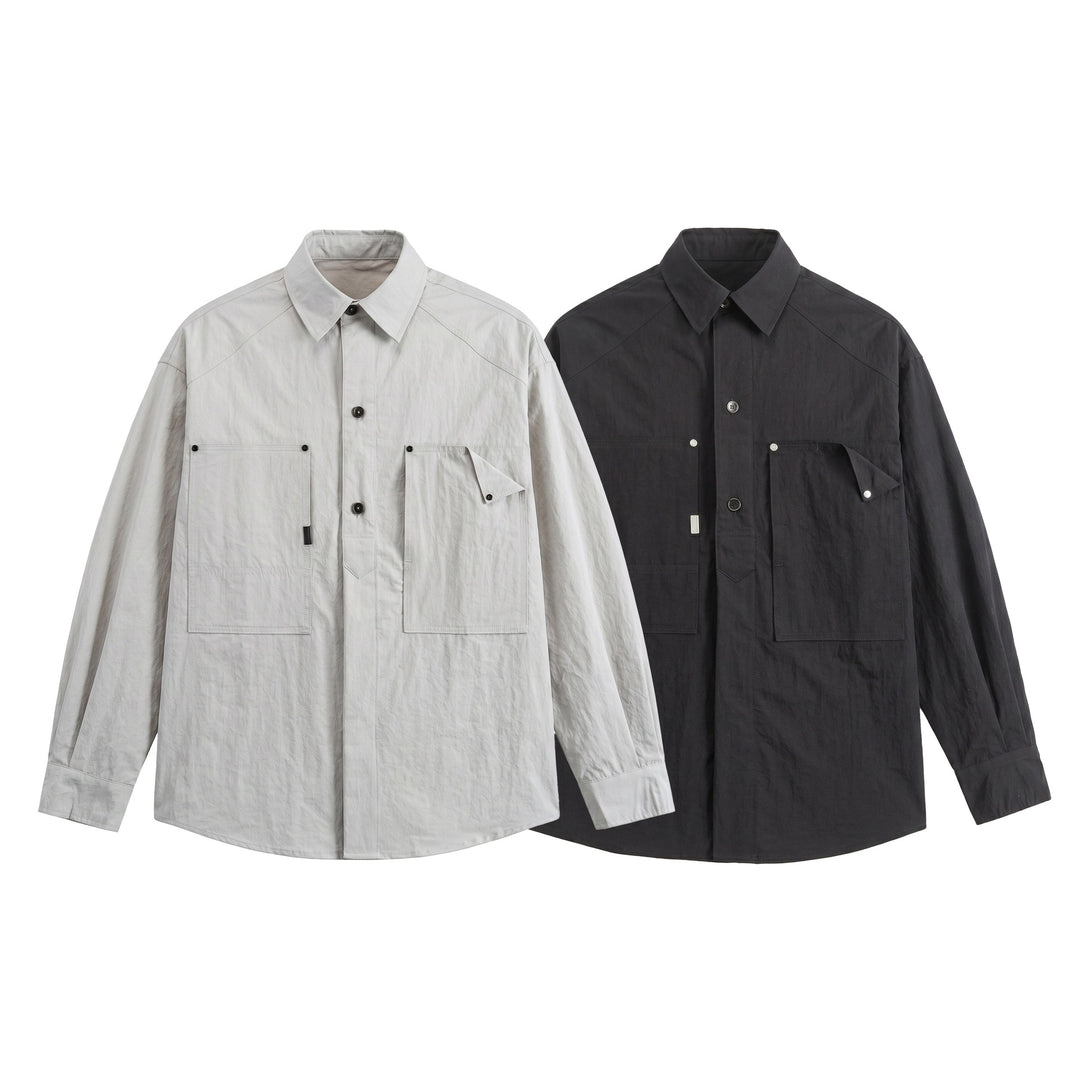 Herren Utility‑Hemdjacke mit oversized Passform, aufgesetzten Taschen und verdeckter Knopfleiste Drune