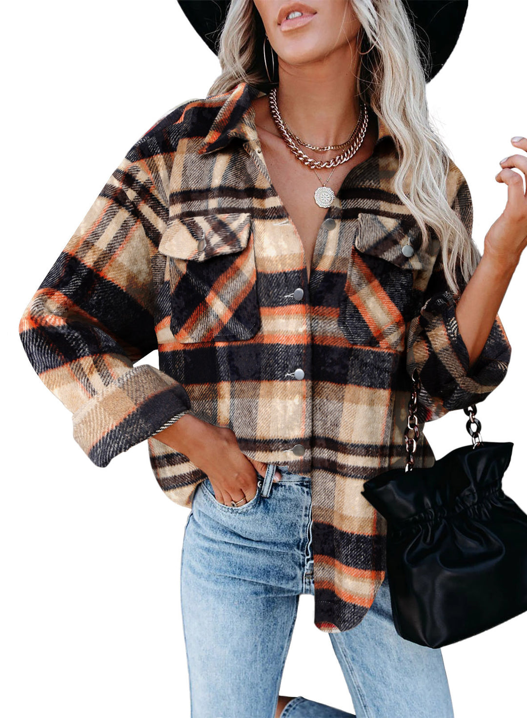 Damen Overshirtjacke aus weichem Karostoff mit praktischen Brusttaschen Drune