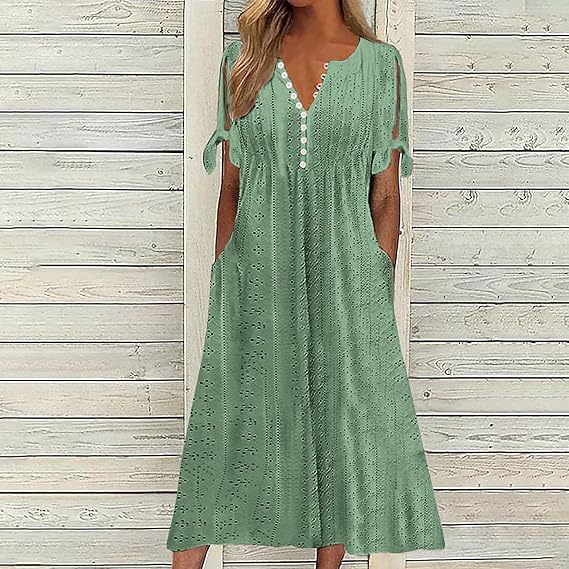 Damen Midikleid mit luftiger Stickdetails und praktischen Seitentaschen Drune