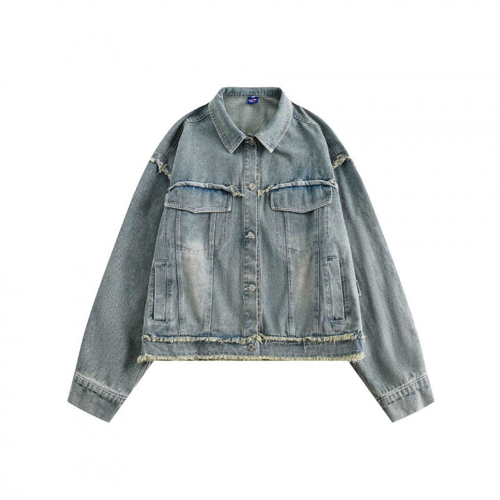 Unisex Boxy-Denimjacke mit ausgefransten Saumkanten, Pattentaschen und Vintage-Waschung Drune
