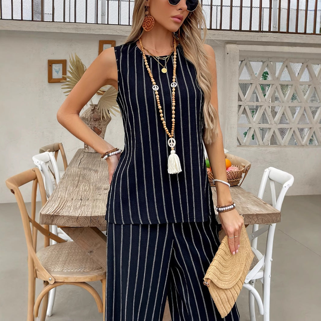 Damen gestreiftes Zweiteiliges Set mit weitem Schnitt und hochwertigem Stoff Drune