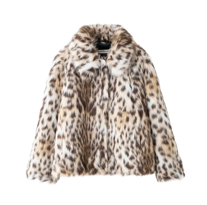 Damen 90+ kurze Kunstfelljacke mit Leopardenmuster und Stehkragen Drune