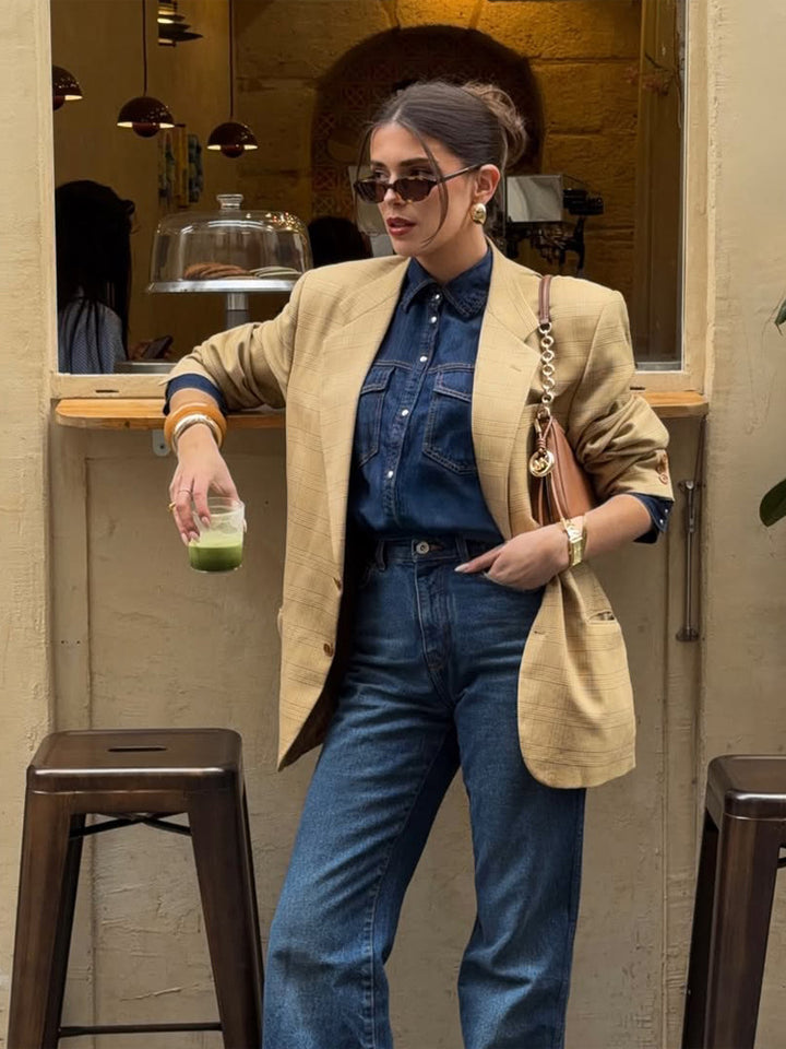 Damen Oversize Glencheck-Blazer im kastigen Boxy‑Schnitt mit markanter Schulterpartie Drune