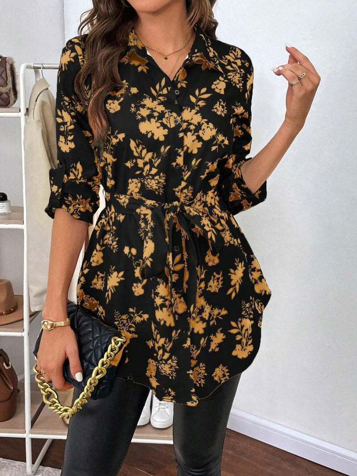 Damen nan lockere Hemdblusen-Tunika mit floralem Allover-Print, Bindegürtel und Krempelärmeln Drune