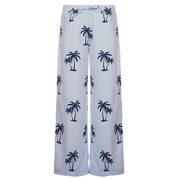 Damen Leichte Palmen-Print Palazzo-Hose mit elastischem Bund Drune