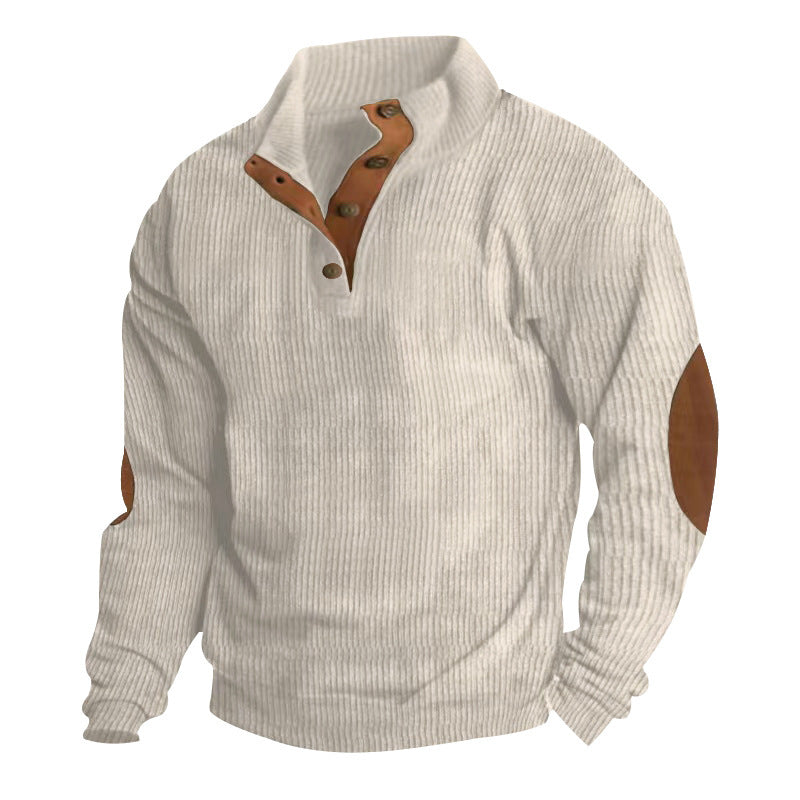 Herren Gerippter Henley-Pullover mit Stehkragen, Knopfleiste & Leder-Ellbogenpatches Drune
