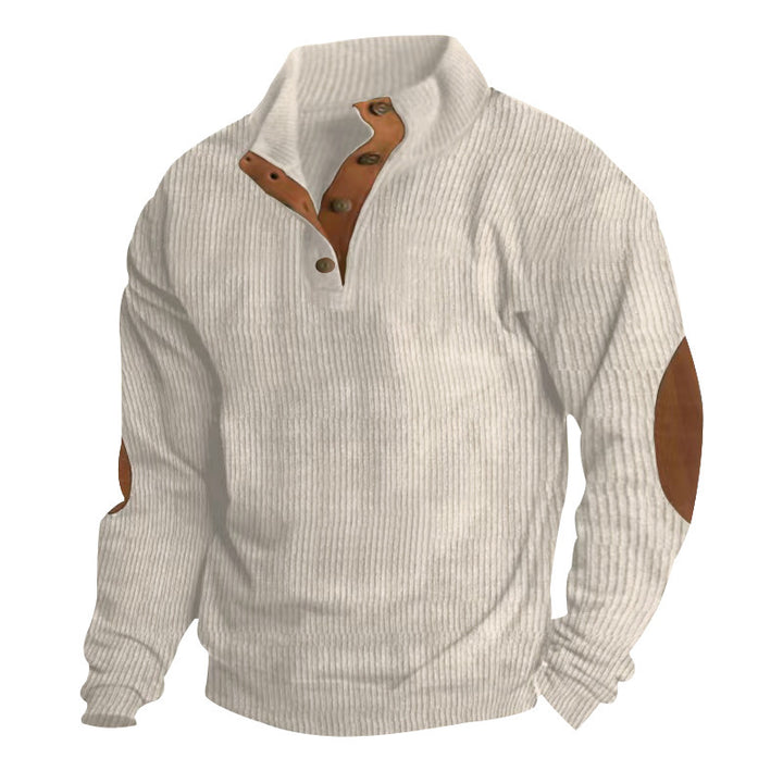 Herren Gerippter Henley-Pullover mit Stehkragen, Knopfleiste & Leder-Ellbogenpatches Drune