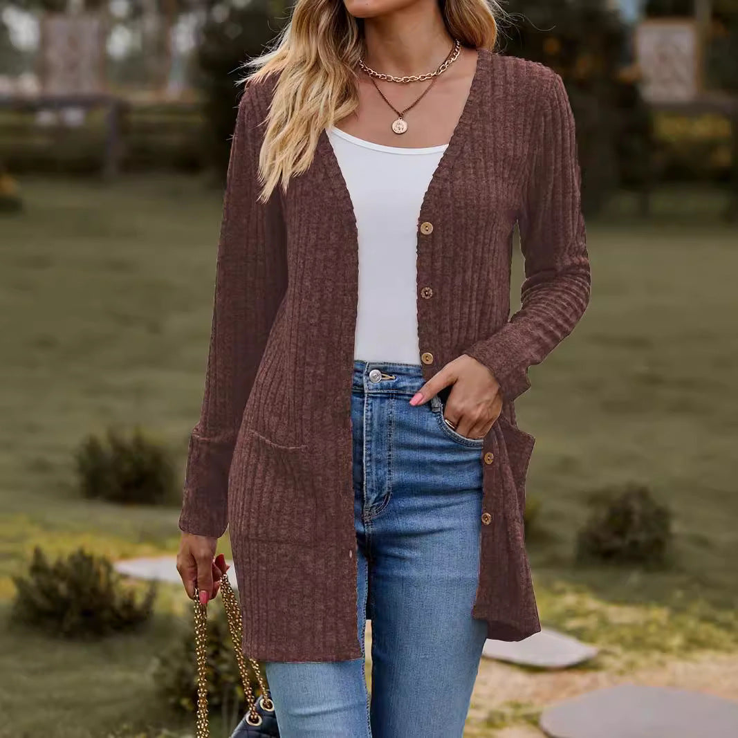 Damen nan langer gerippter Strickcardigan mit Eingrifftaschen und Holzknöpfen Drune