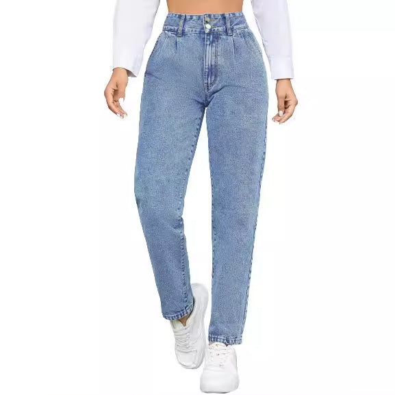 Damen High-Waist Boyfriend Jeans mit klassischem Schnitt und Knopfdetails Drune