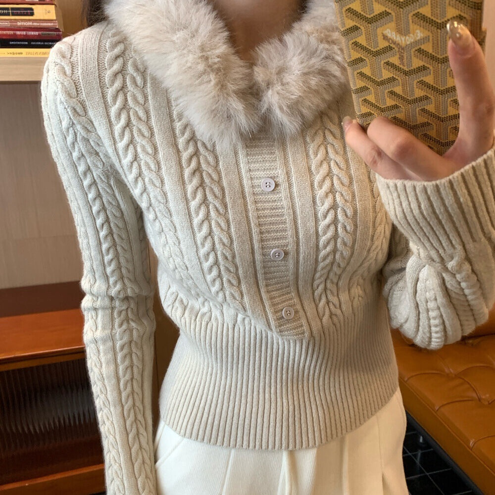 Damen Eleganter Strickpullover mit Kunstfellkragen Drune