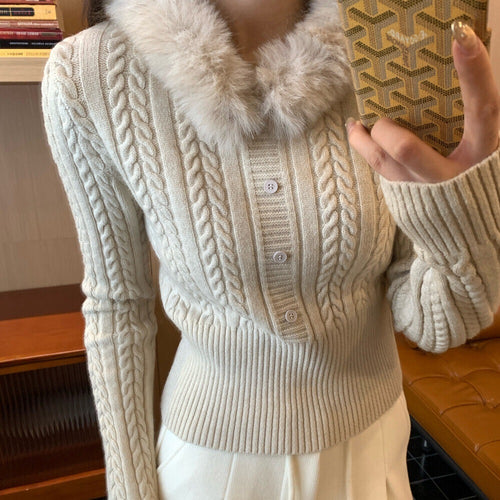 Damen Eleganter Strickpullover mit Kunstfellkragen Drune