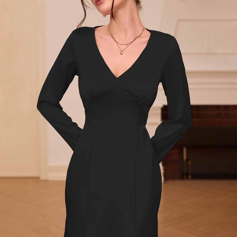Damen elegantes Midi-Kleid mit V-Ausschnitt und lange Ärmel Drune