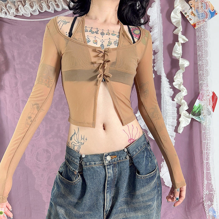 Damen langer Arm Mesh Bluse mit verstellbarem Knoten-Design Drune