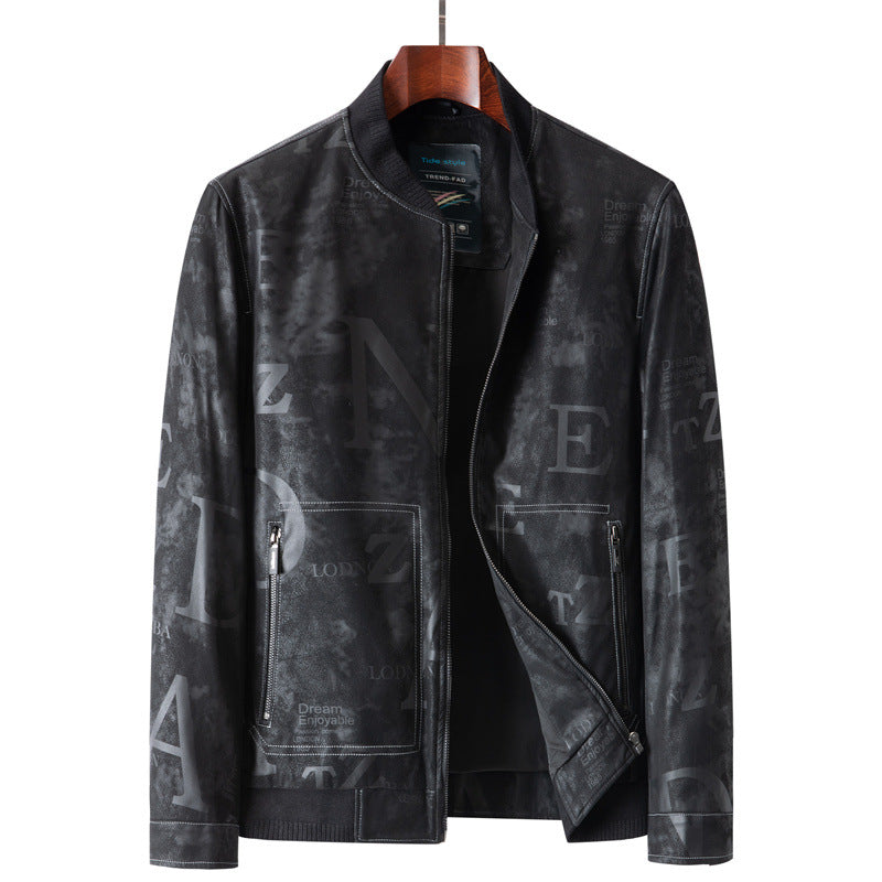 Herren Lederimitat-Blouson mit Allover-Print, Reißverschluss und Rippbündchen Drune