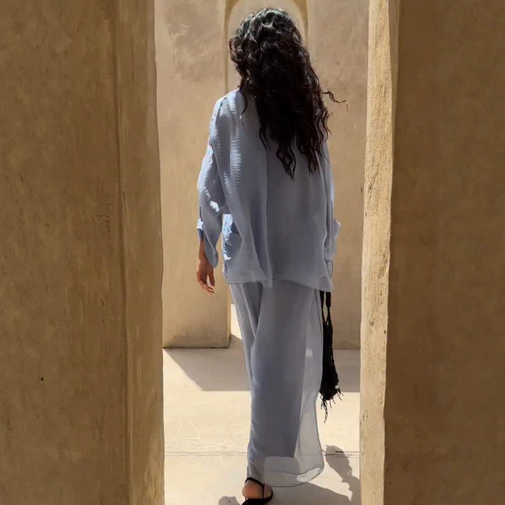 Damen Dreiteiliges Loungewear-Set aus leichter Viskose mit Oversize-Bluse, Top und weiter Palazzohose Drune