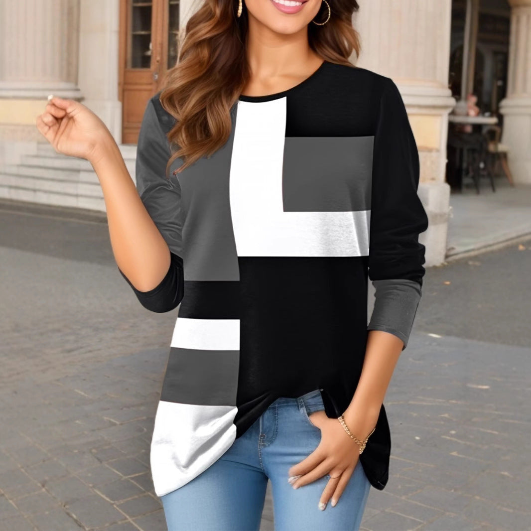 Damen nan geometrisches Colorblock Longsleeve-Tunika-Oberteil mit Rundhalsausschnitt und asymmetrischem Saum Drune