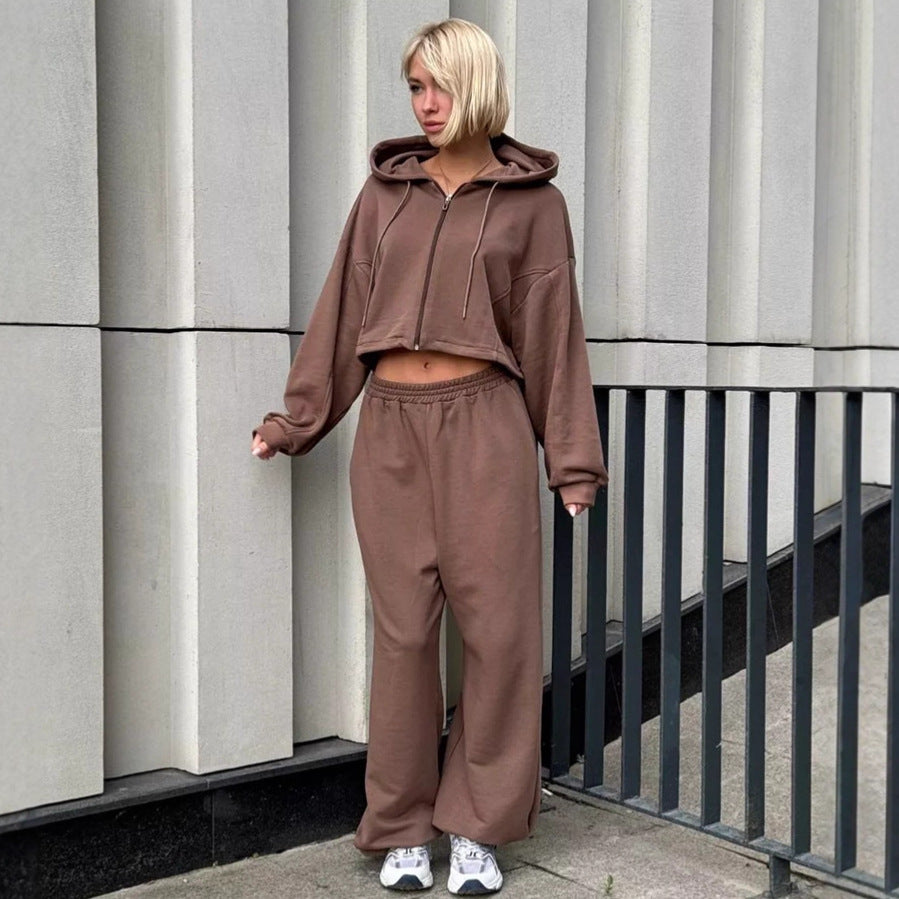 Damen Kurzes Zip-Kapuzenjacke und High‑Waist Loungehose Set Drune