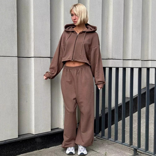 Damen Kurzes Zip-Kapuzenjacke und High‑Waist Loungehose Set Drune
