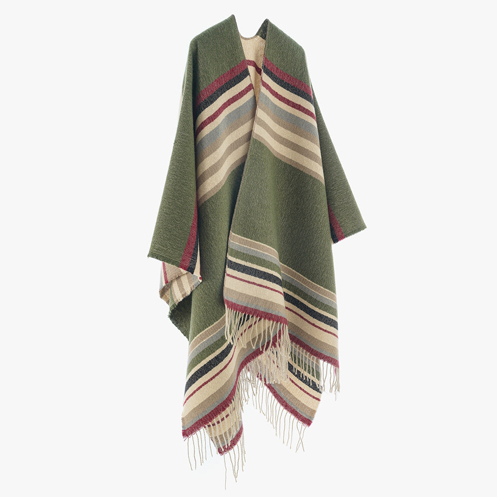Damen Gestreifter Wollmix-Capeponcho mit Fransen Drune