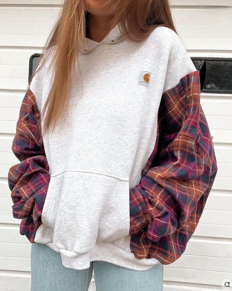Damen nan oversized Kapuzenpullover mit karierten Flanellärmeln und Kängurutasche Drune