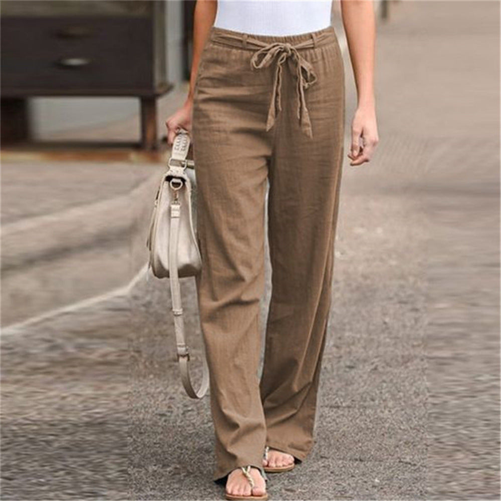 Damen nan weite Leinenhose mit Tunnelzugbund, geradem Bein und Eingrifftaschen Drune