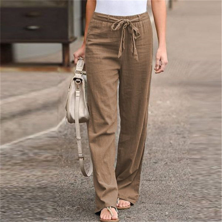 Damen nan weite Leinenhose mit Tunnelzugbund, geradem Bein und Eingrifftaschen Drune