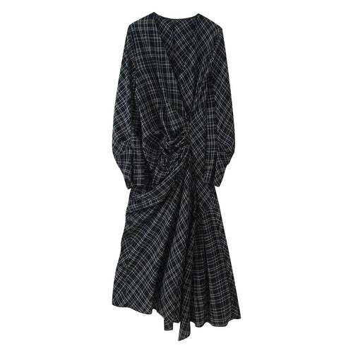 Damen nan asymmetrisches Midikleid mit Knoten-Drapierung und Balloon-Ärmeln Drune