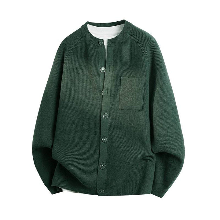 Unisex Leichter Feinstrick-Cardigan mit Rundhalsausschnitt, Brusttasche und Raglanärmeln Drune