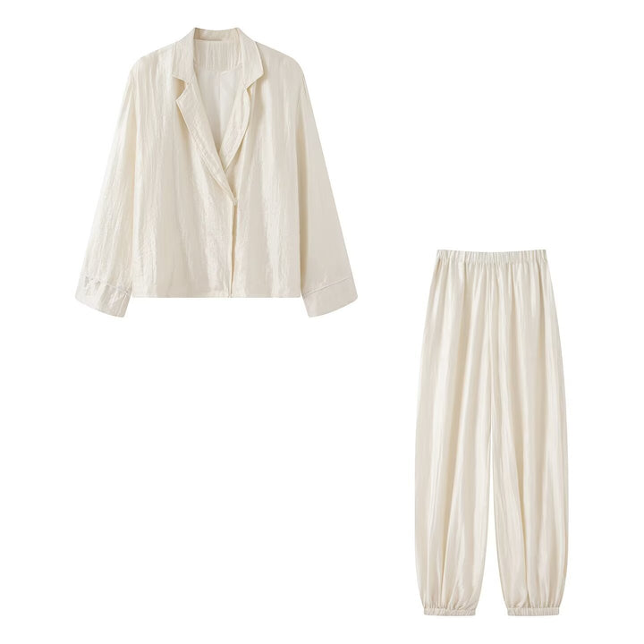 Damen Leichter Pyjama-Zweiteiler mit Schalkragenjacke und elastischer Bundhose Drune