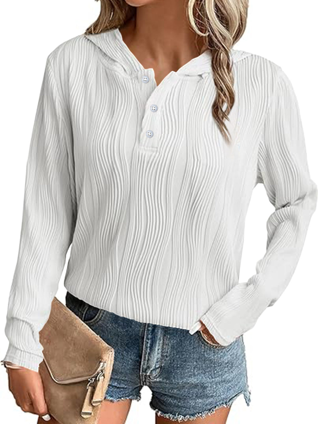 Damen Geripptes Kapuzen-Henleyshirt mit Knopfleiste und leichter Struktur Drune
