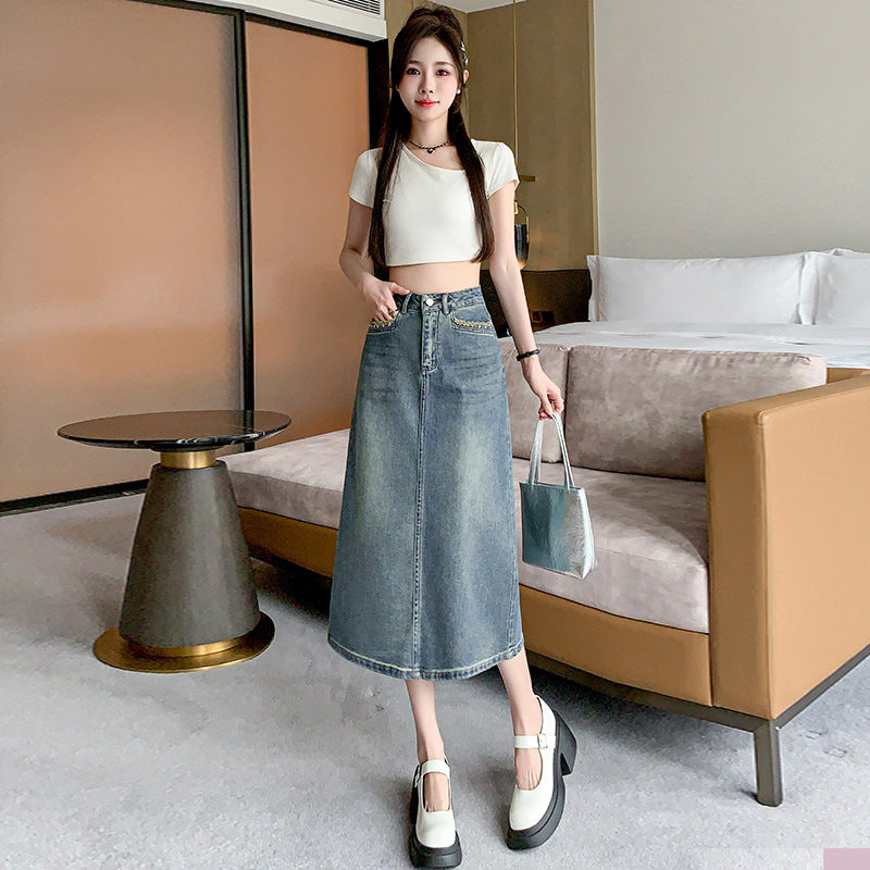 Damen Denim-Midi-Rock mit schwingendem Saum Drune
