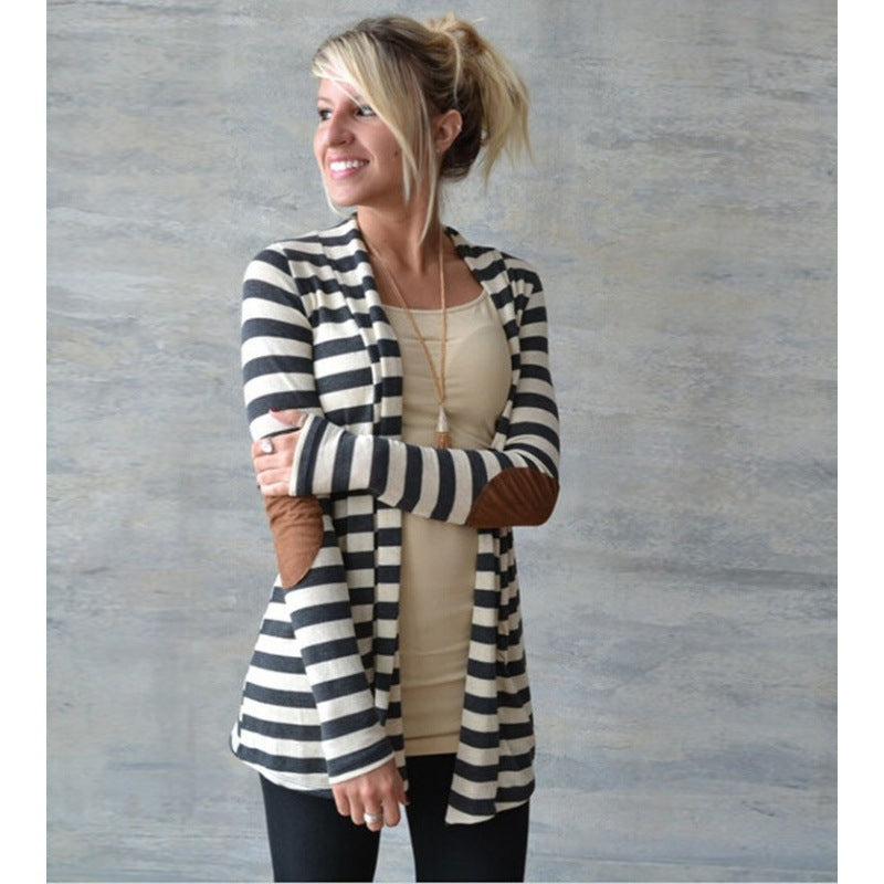 Damen Gestreifter Longcardigan mit offenem Waterfall-Schnitt und Ellbogen-Patches Drune