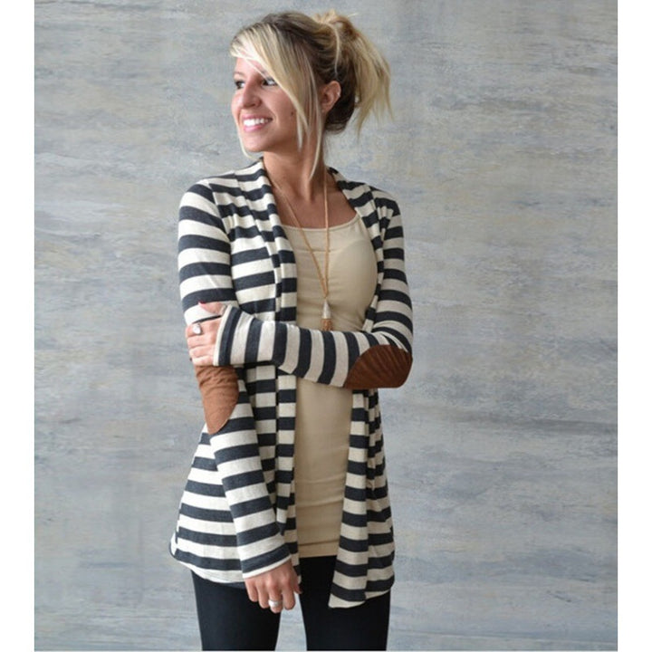Damen Gestreifter Longcardigan mit offenem Waterfall-Schnitt und Ellbogen-Patches Drune