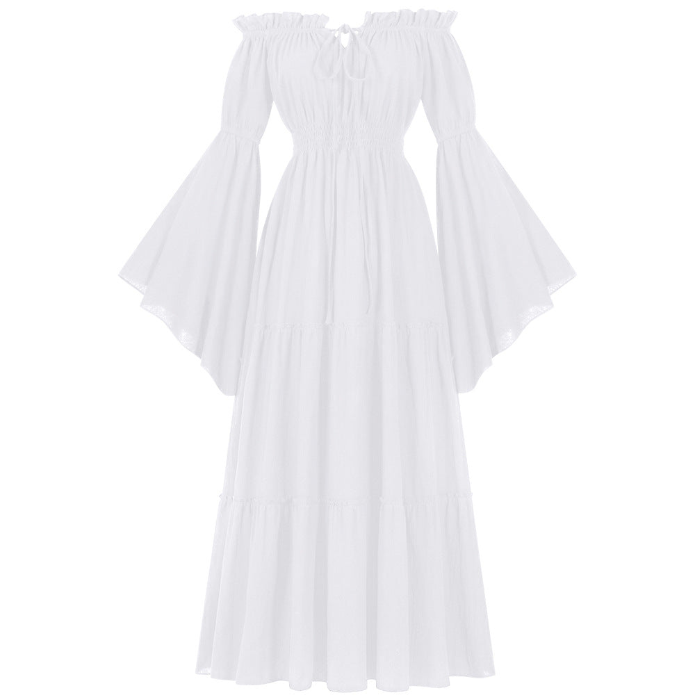 Damen nan bodenlanges Off-Shoulder Maxikleid mit geraffter Taille, mehrstufigem Rock und weiten Trompetenärmeln Drune