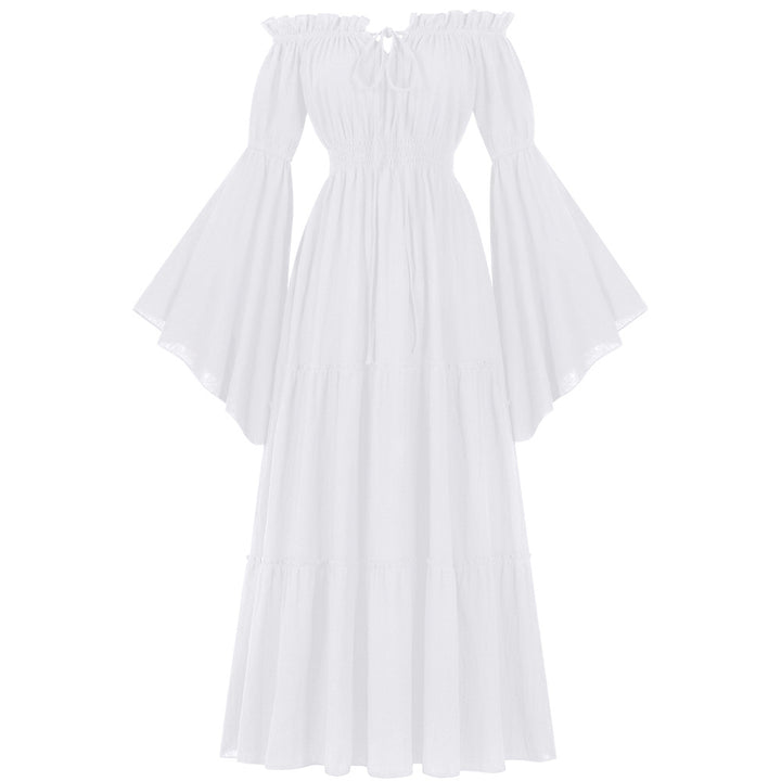 Damen nan bodenlanges Off-Shoulder Maxikleid mit geraffter Taille, mehrstufigem Rock und weiten Trompetenärmeln Drune