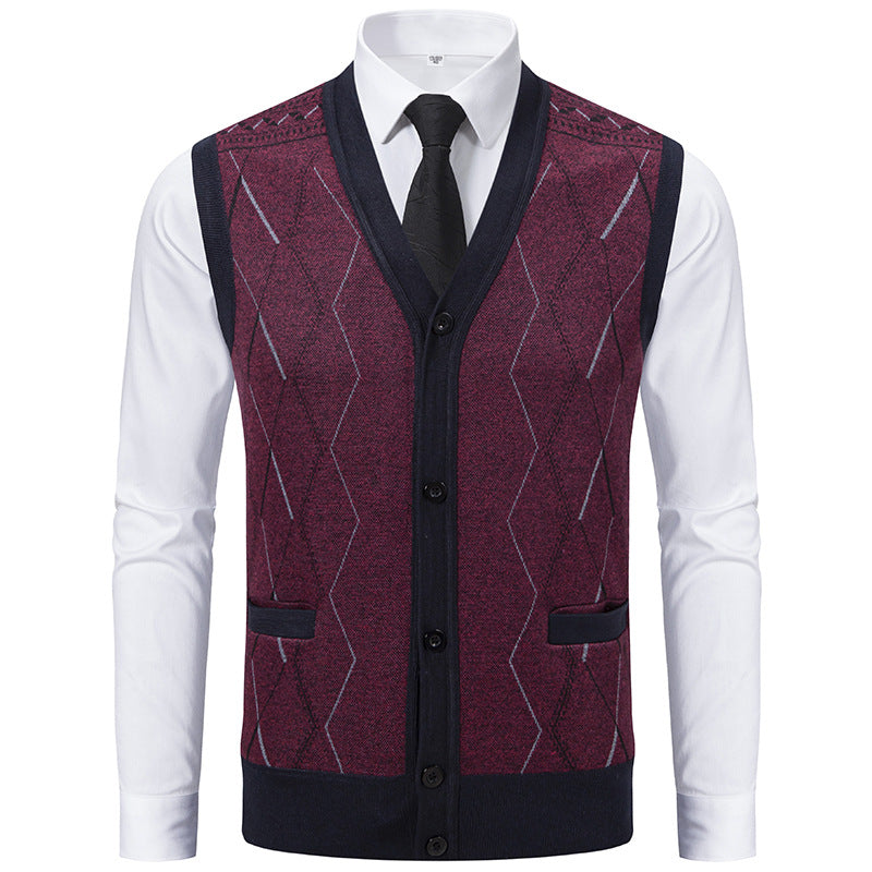 Herren Ärmellose Strickweste mit Rauten‑Muster, V‑Ausschnitt und Knopfleiste Drune