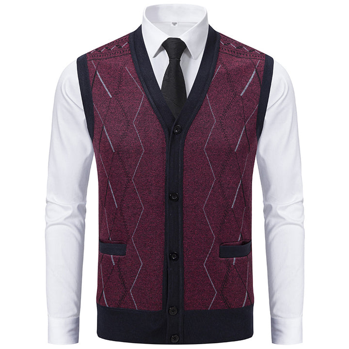 Herren Ärmellose Strickweste mit Rauten‑Muster, V‑Ausschnitt und Knopfleiste Drune