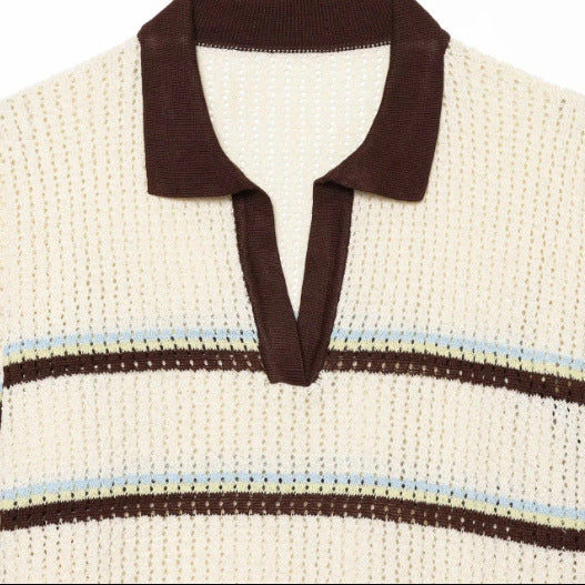 Damen Kurzarm Polo-Strickpullover mit V‑Ausschnitt, Strukturmuster und Streifendetail Drune