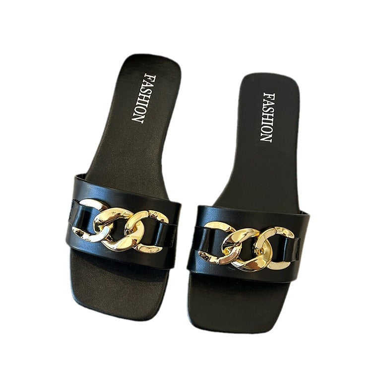 Damen Dekorative Ketten-Detail Slide Sandalen Drune