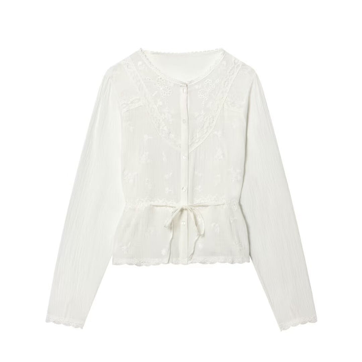 Damen Leichte Stickerei‑Bluse mit Spitzenkragen, Bindeband‑Taillierung und Knopfleiste Drune