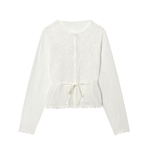 Damen Leichte Stickerei‑Bluse mit Spitzenkragen, Bindeband‑Taillierung und Knopfleiste Drune