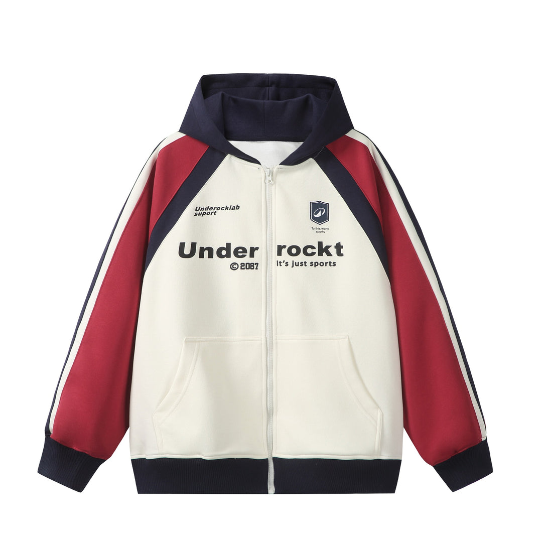 Unisex Kapuzen‑Zipjacke im Retro‑Sportstil mit Colorblock‑Einsätzen und Kängurutasche Drune