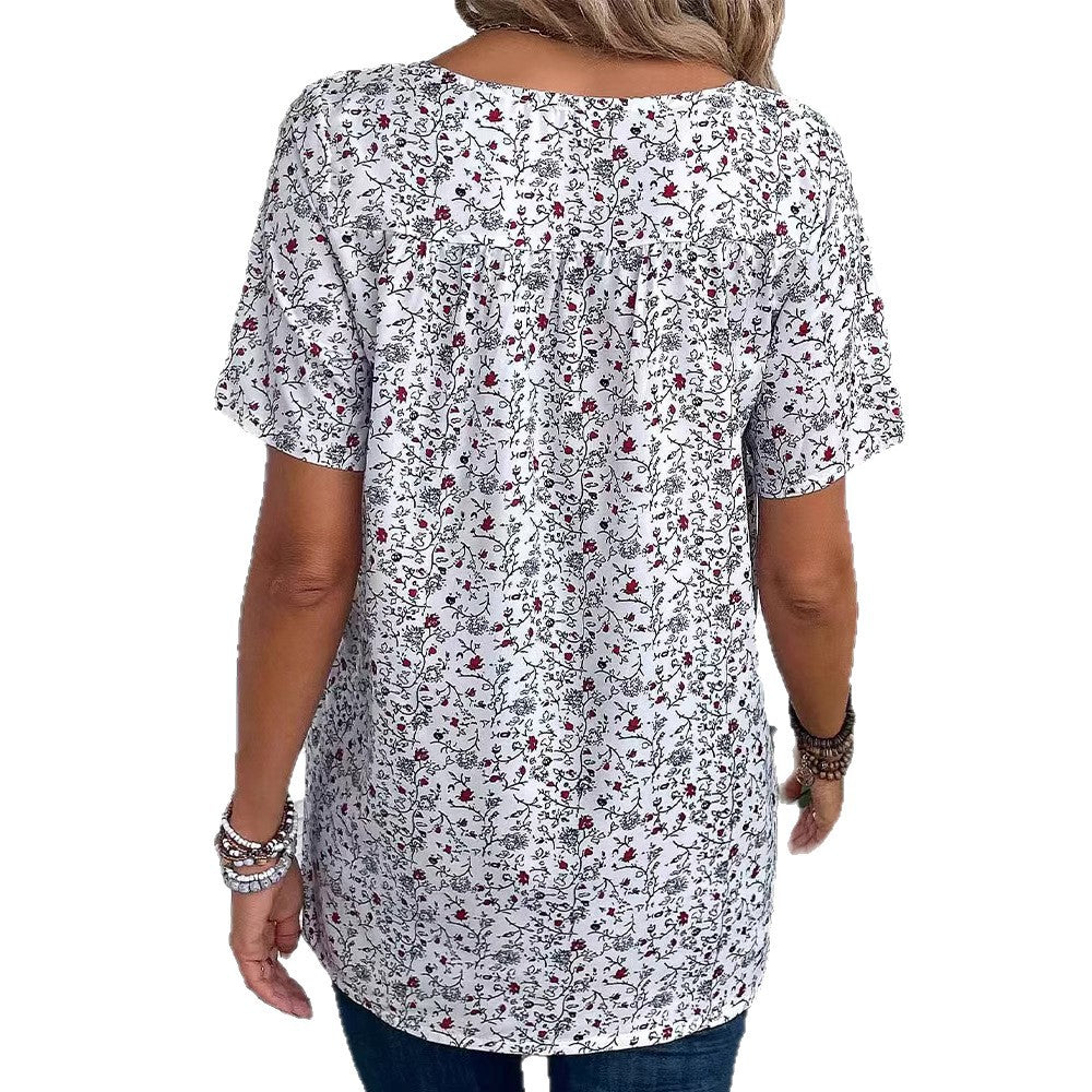 Damen nan lässiges Kurzarm-Tunika-Shirt mit Rundhalsausschnitt, zartem Blumenallover und dekorativen Brustfalten Drune