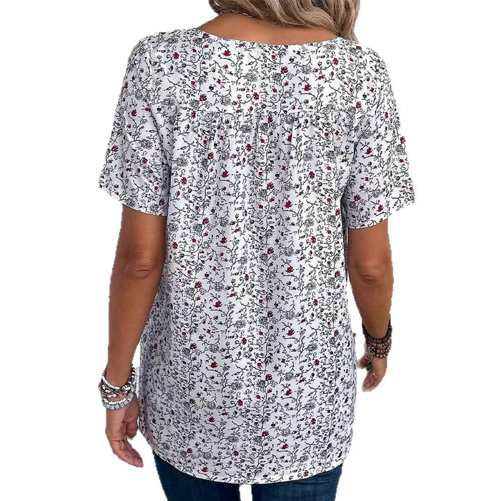 Damen nan locker geschnittene Kurzarmbluse mit V-Ausschnitt, feinem Blumenprint und Kellerfalte Drune