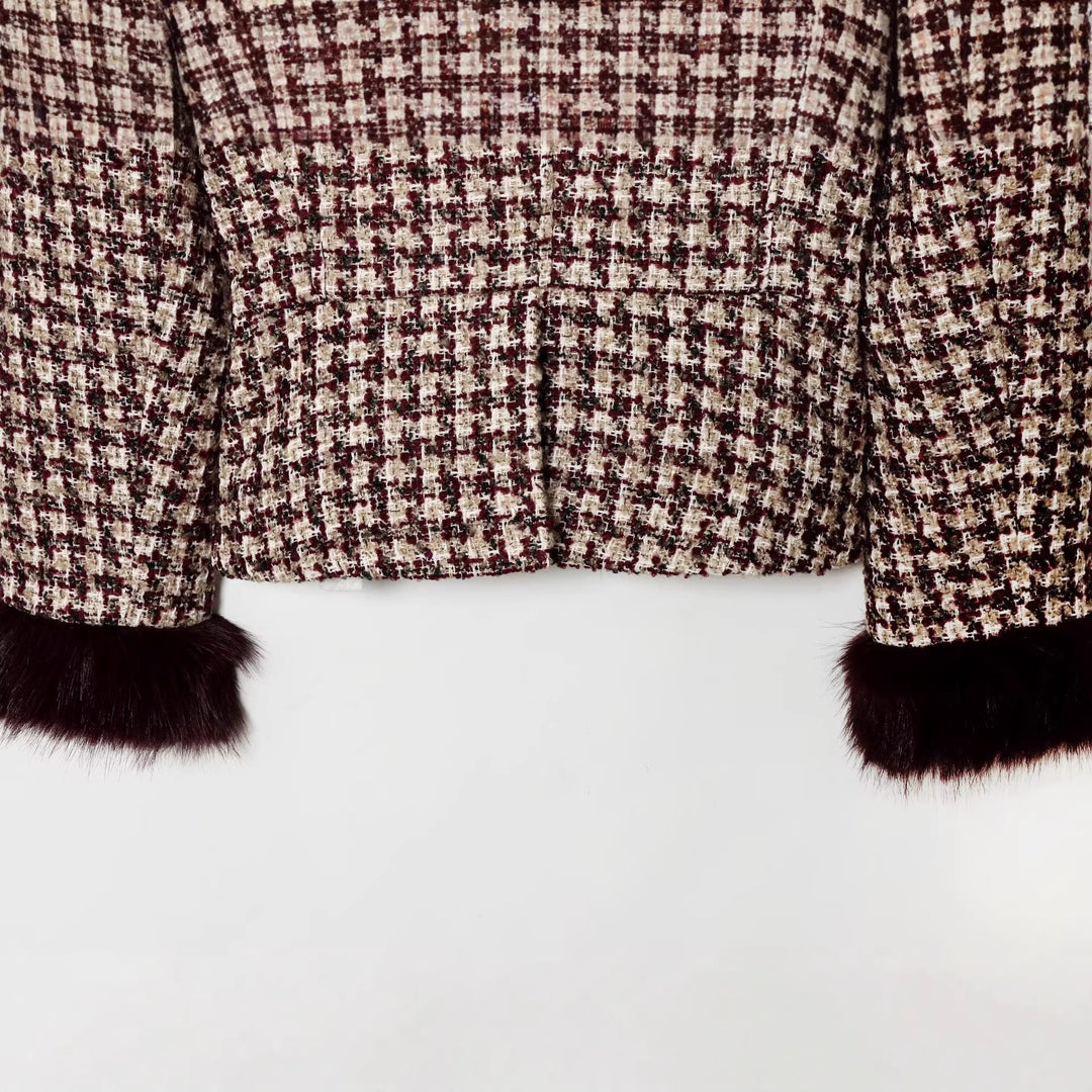 Damen Kurze Bouclé-Tweed-Jacke mit Stehkragen und Kunstfellmanschetten Drune