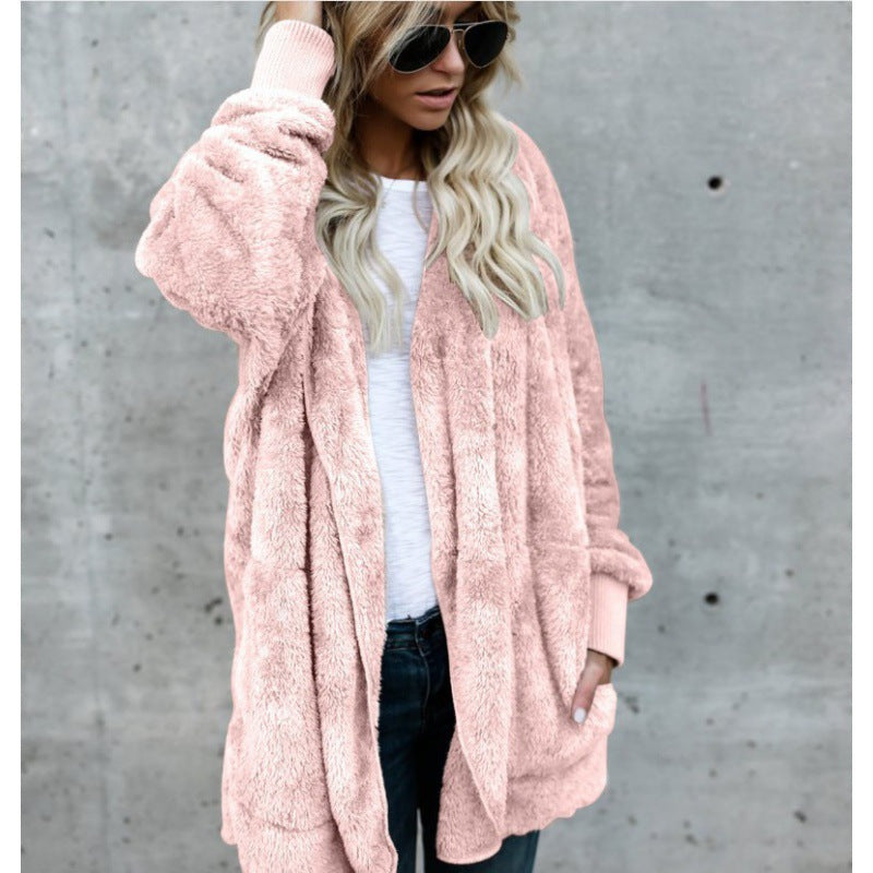 Damen Oversize Teddy‑Fleece‑Mantel mit offener Front, Eingrifftaschen und Rippbündchen Drune