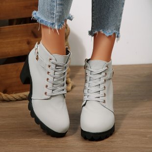 Damen nan knöchelhohe Schnür-Stiefelette mit seitlichem Reißverschluss, dekorativer Gürtelschlaufe, mittelhohem Blockabsatz und profilstarker Laufsohle Drune