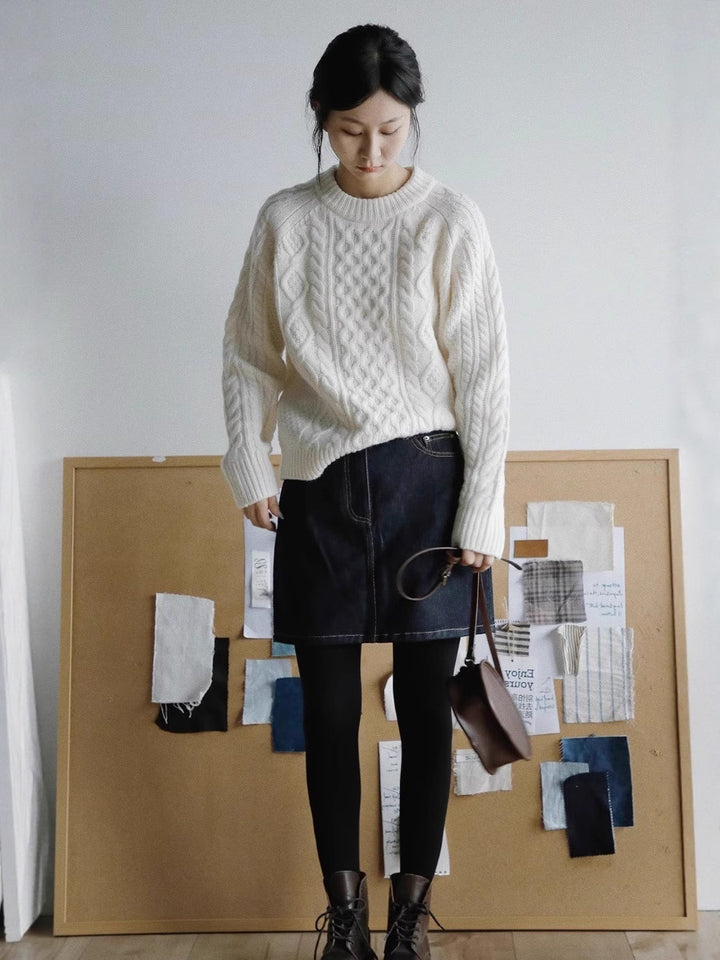 Damen Strukturierter Zopfmuster-Pullover aus Merino-Mix mit gerippten Abschlüssen und kastiger Passform Drune
