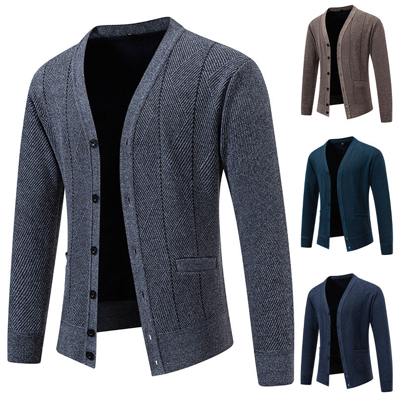 Herren Strukturierter Feinstrick-Cardigan mit Chevron‑Muster, V‑Ausschnitt und Eingrifftaschen Drune